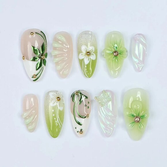 Hand Crafted Other - Spring Green Press On Nails with 3D Floral, Butterfly, Medium Almond